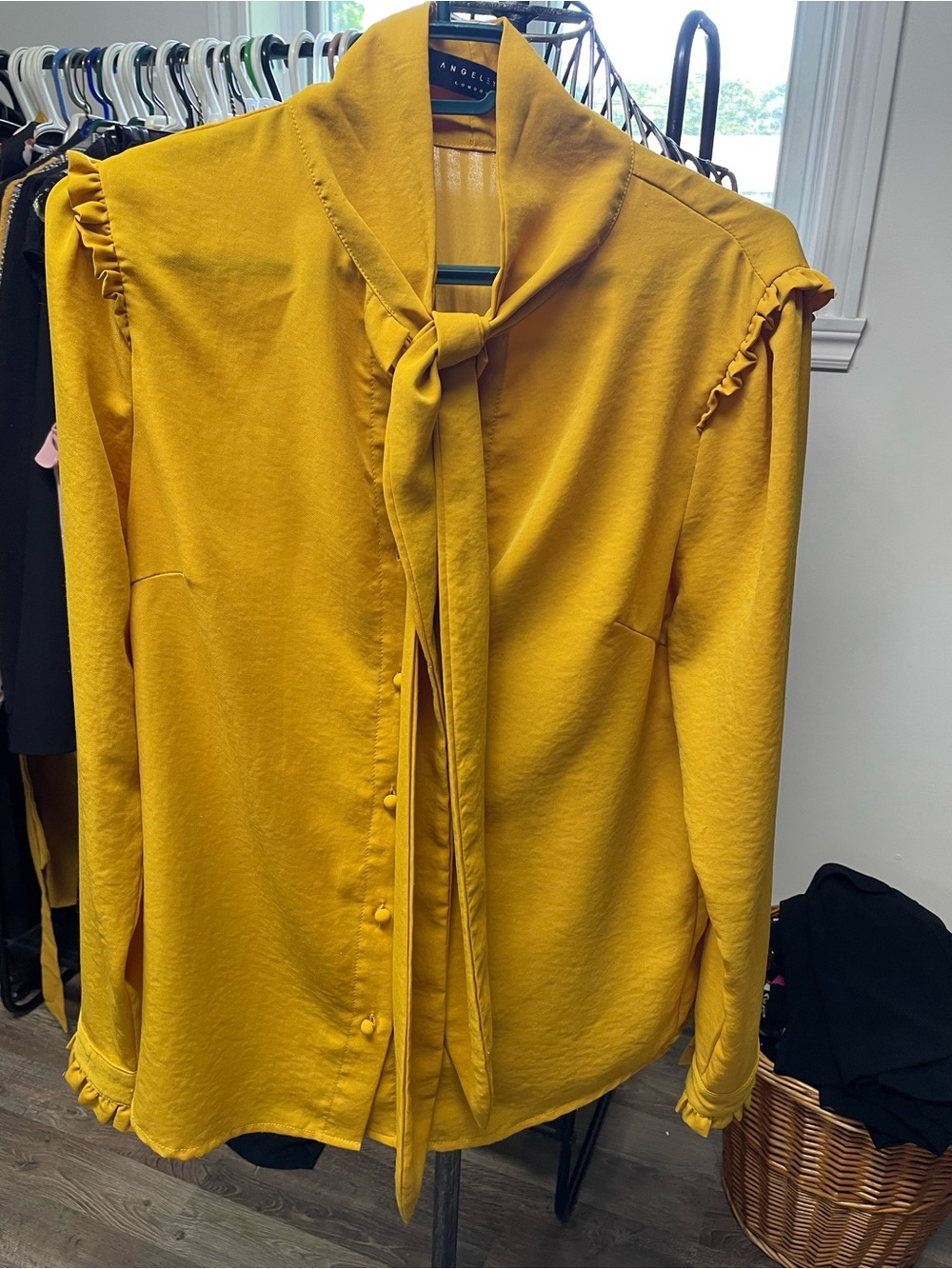 Angel Mustard Yellow Tie-Neck Ruffle Blouse